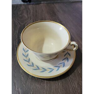 Syracuse China Old Ivory Sherwood Blue Laurel Leaves Gold Trim Teacup Cup Saucer
